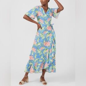 J. Mclaughlin Audette Wrap Dress Size XL Blue pink peony Floral Linen Dress